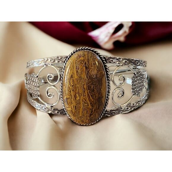 Wide Silver Cuff, Ancient Echoes Miriam Stone Cuff Bracelet - Picture 1 of 10